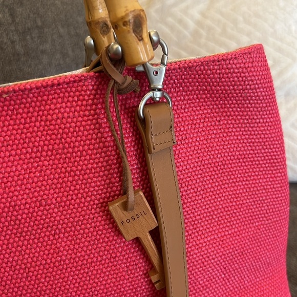 Fossil Bamboo Wooden Handle Woven Satchel Crossbody Pink Purse - Picture 11 of 12